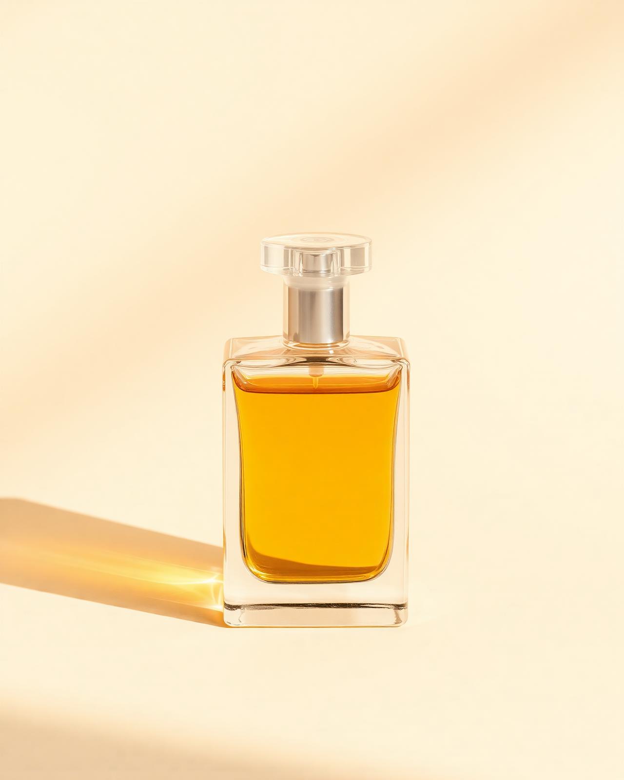 Flacon de parfum éditorial sur fond crème, photographie studio